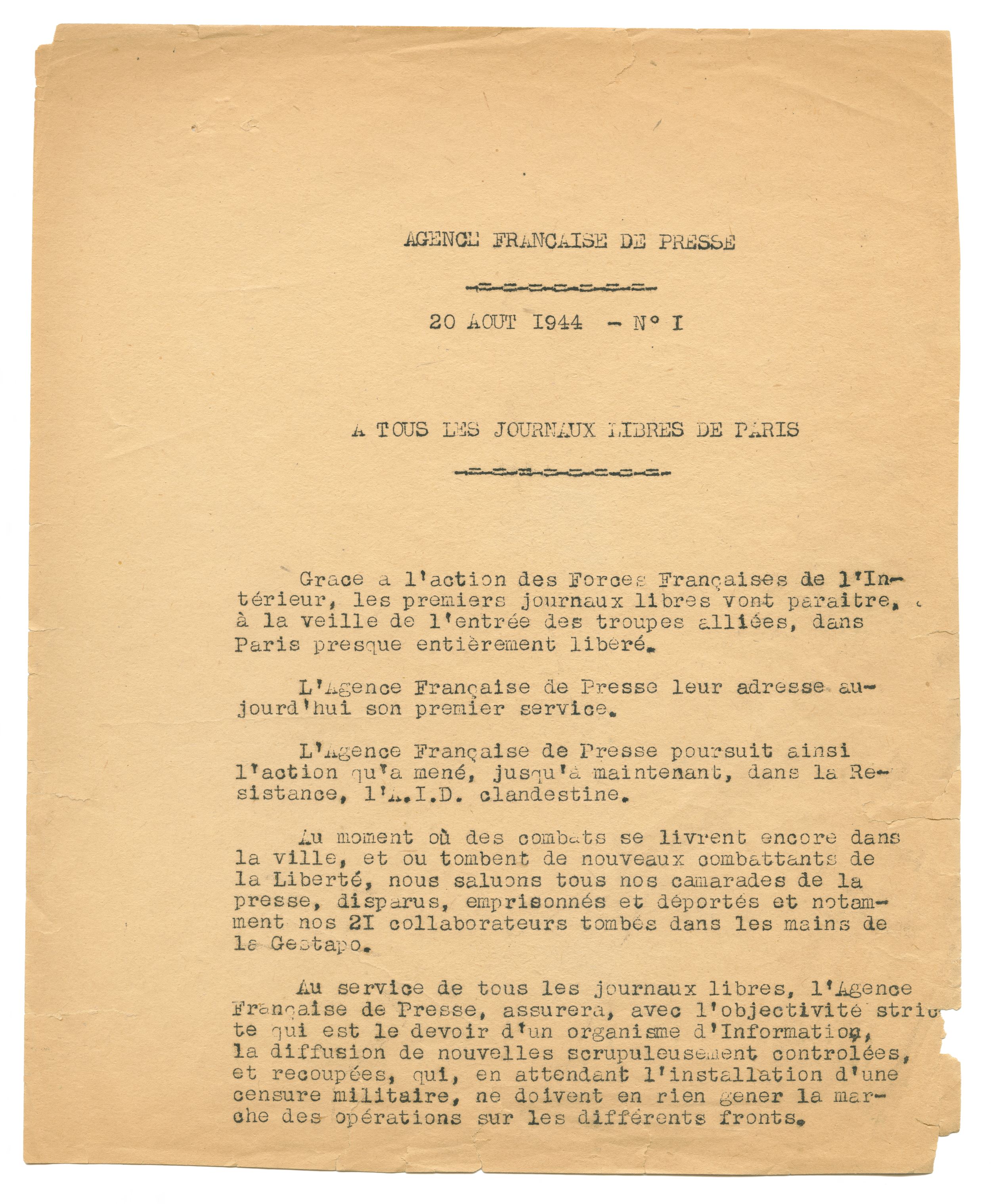 Reproduction du premier bulletin d’information envoyé par l’Agence Française de Presse (bientôt devenue Agence France-Presse) adressé "à tous les journaux libres de Paris" le 20 août 1944. (Photo AFP)