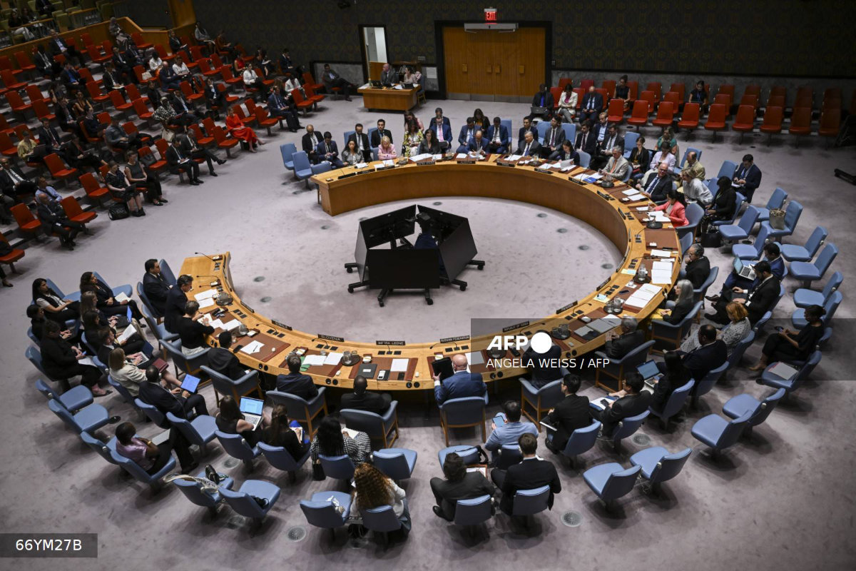 Vue générale de la réunion du Conseil de sécurité des Nations unies sur le conflit au Moyen-Orient, y compris la question palestinienne, au siège de l'ONU à New York, le 16 juillet 2025. (AFP)
